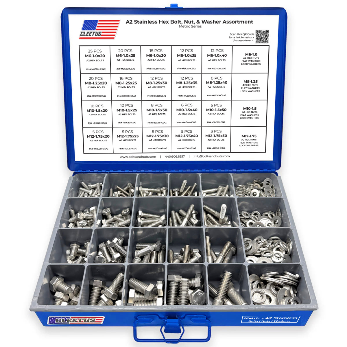 Metric Stainless Hex Bolt, Nut & Washer Assortment - 600 Piece