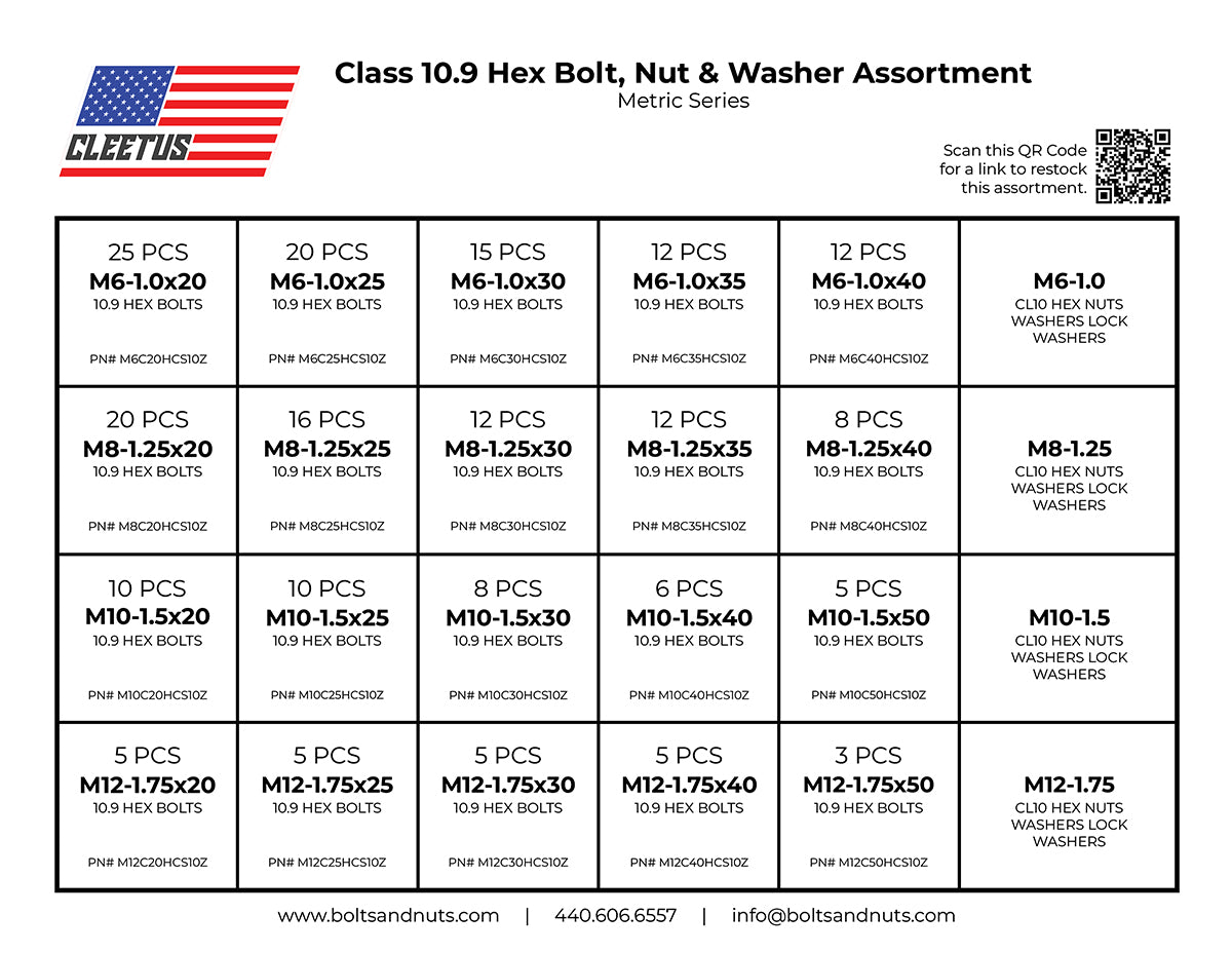 Metric Class 10.9 Hex Bolt, Nut & Washer Assortment - 600 Piece